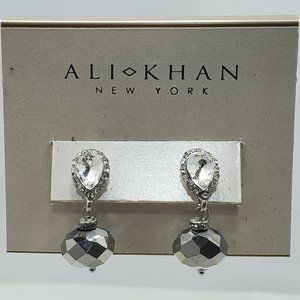 Ali Khan Hematite faceted glass bead with silver and rhinestone pierced earring